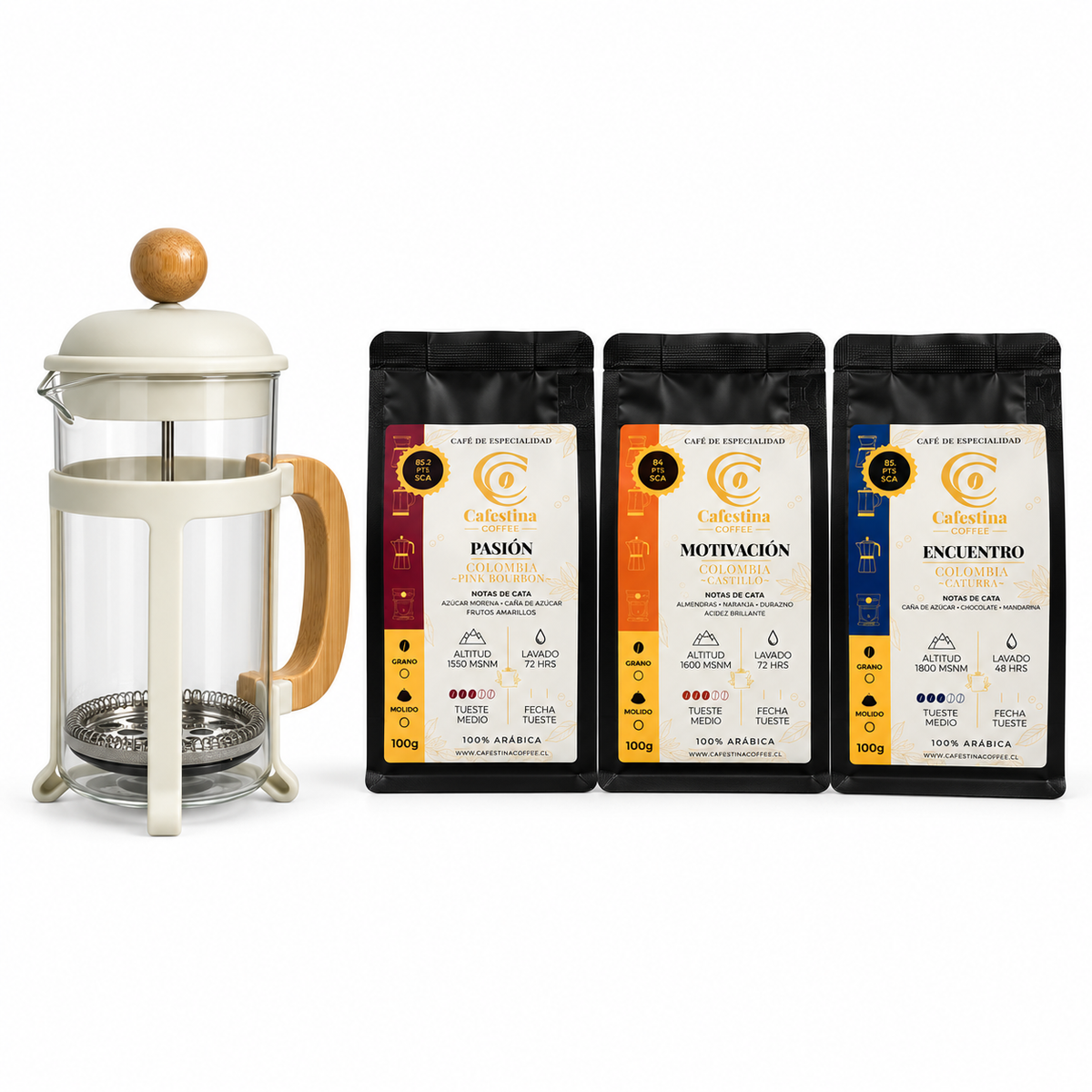 Pack 3 Cafés de Especialidad 300 g + Prensa Francesa